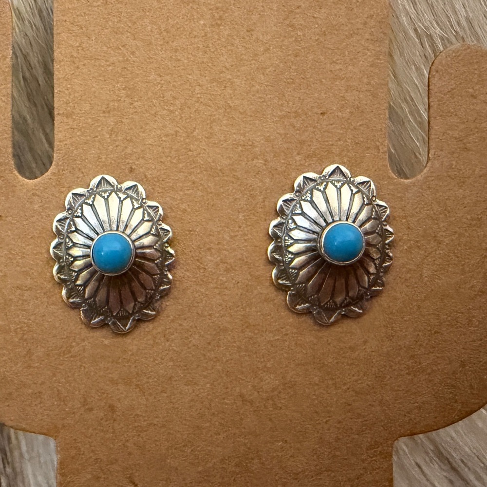 ❤️ Native American Artisan Concho Stud Turquoise Earrings Sterling New Mexico - Picture 4 of 10